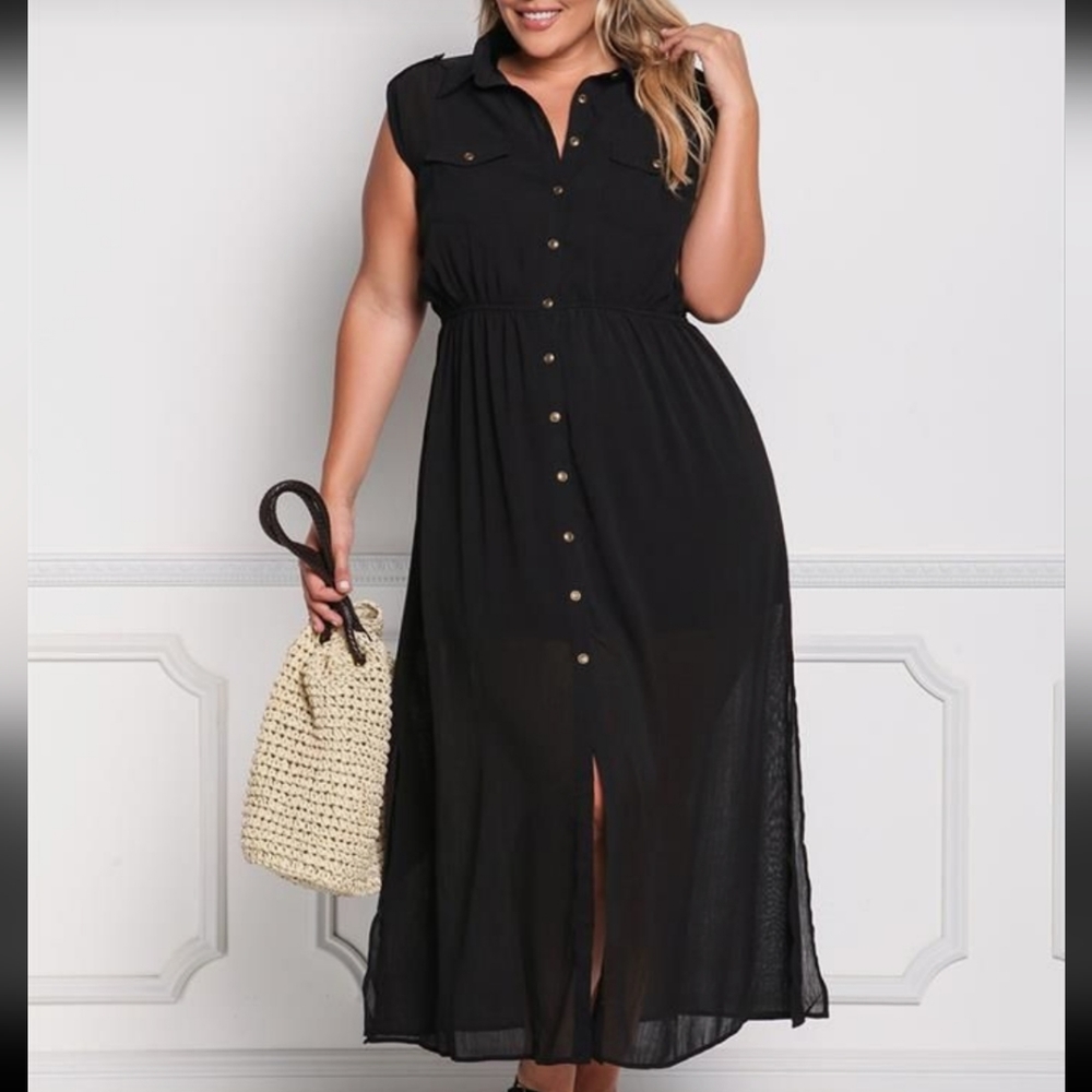 Flap Pocket Roll Tab Shoulder Dress